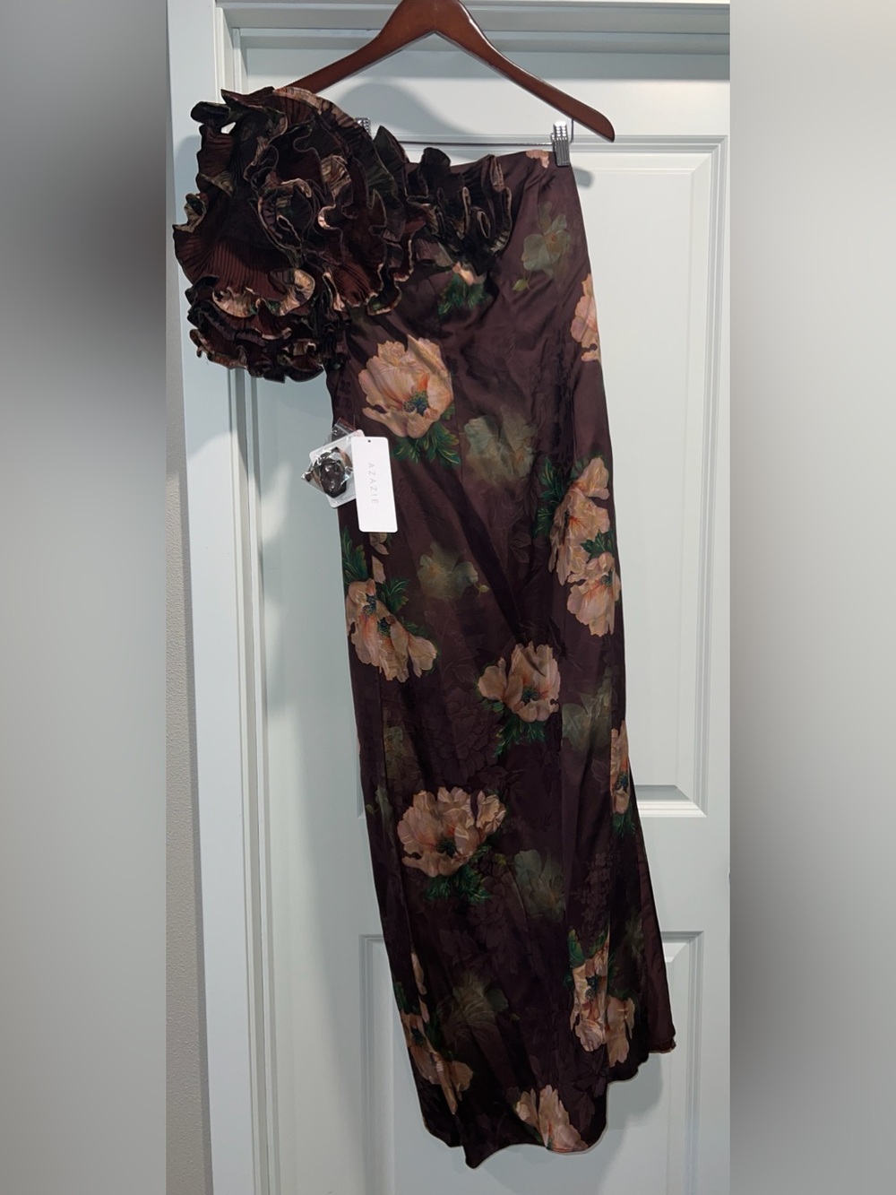 Azazie One-Shoulder Floral Gown in Brown and Green
